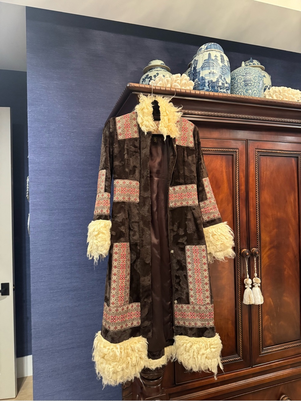 Plenty by Tracy Reese Brown Shearling-Trim Embroidered Coat